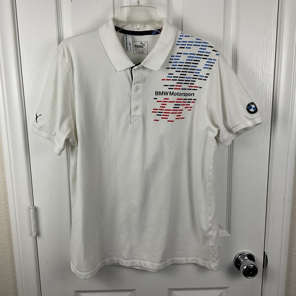 Puma x BMW Men's White Motorsport Asymmetrical Graphic Golf Polo Shirt Size L
